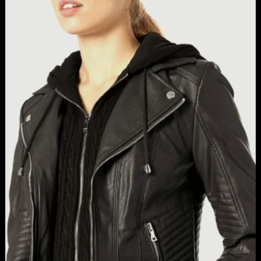 NEW GUESS womens Faux Leather Hooded Moto Jacket